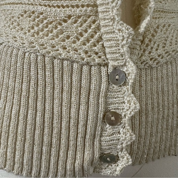 Covington V-Neck Beige Glitter Cardigan Sweater 3/4 Sleeves Sz M Scalloped Trim - Picture 2 of 12